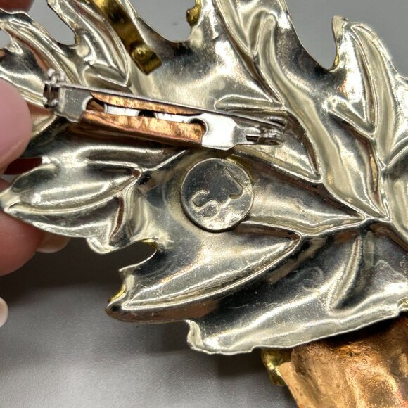 Oak Leaf Acorn Pin Brooch Brutalist Handcrafted Mixed Metals Oversized Signed SJ - Picture 5 of 7